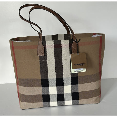 Burberry Check Canvas Medium London Tote Bag Taupe Brown Check 8120499 NWT $1390