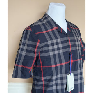 Burberry Elio Check Short Sleeve Shirt Navy/Grey IP Check Men M 8121727 NWT $640