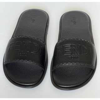 Fendi Roma Logo Leather Slide Sandals Black 12 US (11 Fendi) IT 7X1753 NIB $770