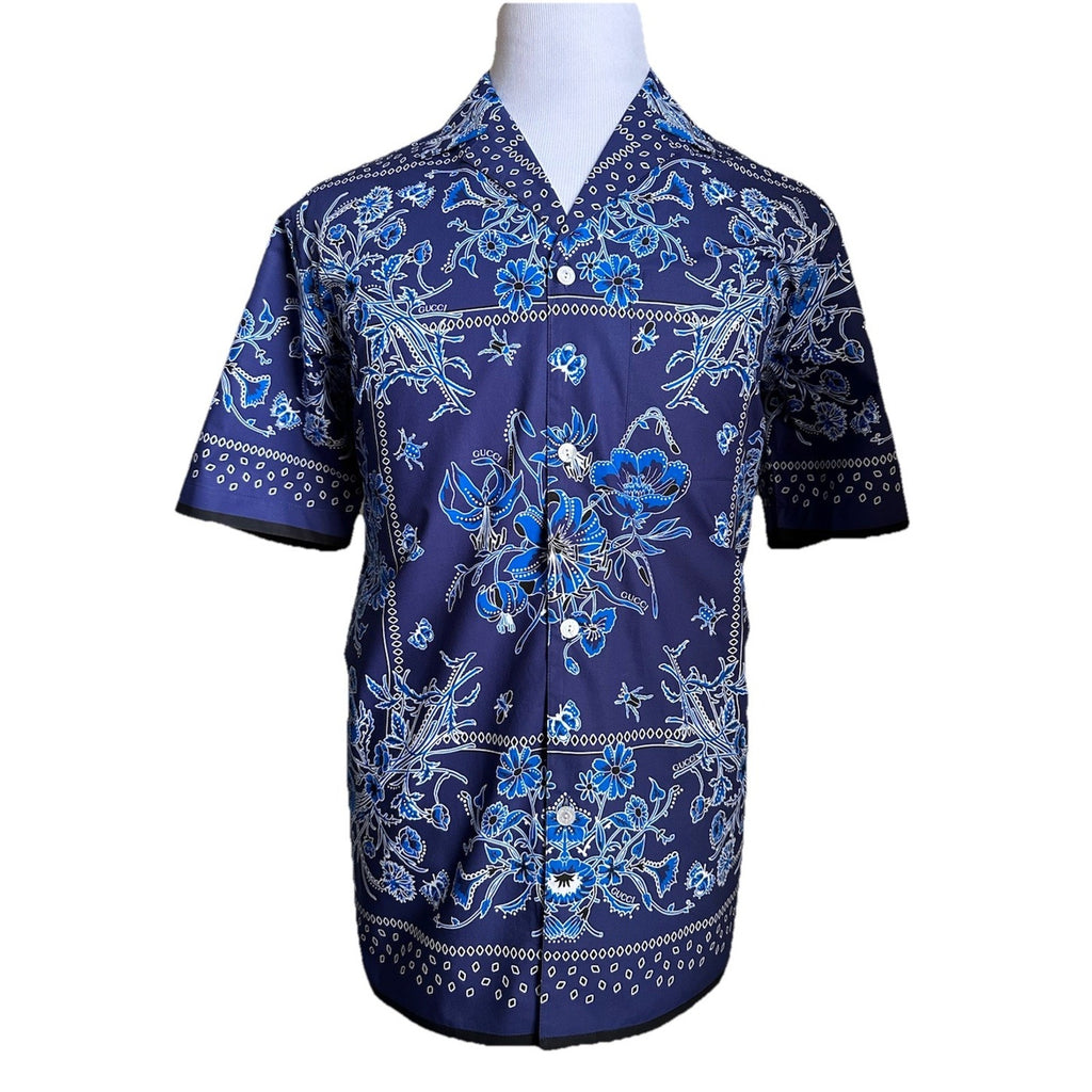 New $1300 Gucci Men’s Flower Bandana Print Shirt Blue Size 48 Eu/M