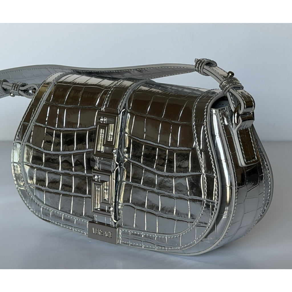 Versace La Greca Leather Silver Medium Shoulder Bag 1023417 Italy NWT $2775