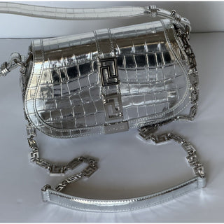 Versace La Greca Leather Silver Medium Shoulder Bag 1023417 Italy NWT $2775