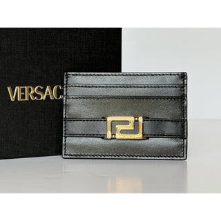 Versace Greca Black Calf Leather Card Case Wallet 1023433 Italy NIB