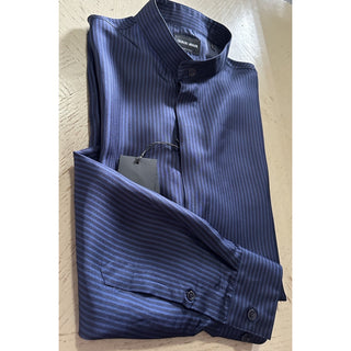 New $1495 Giorgio Armani Men Silk Navy Blue Shirt with Light Blue Strip 41/16