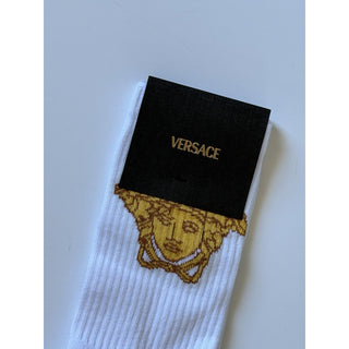 Versace Medusa Head Cotton Athletic Crew Socks White Gold Size Small 1001546 NWT