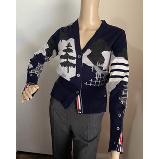 New $1800 Thom Browne Forest Scenery Intarsia Cashmere Cardigan Navy 40/4