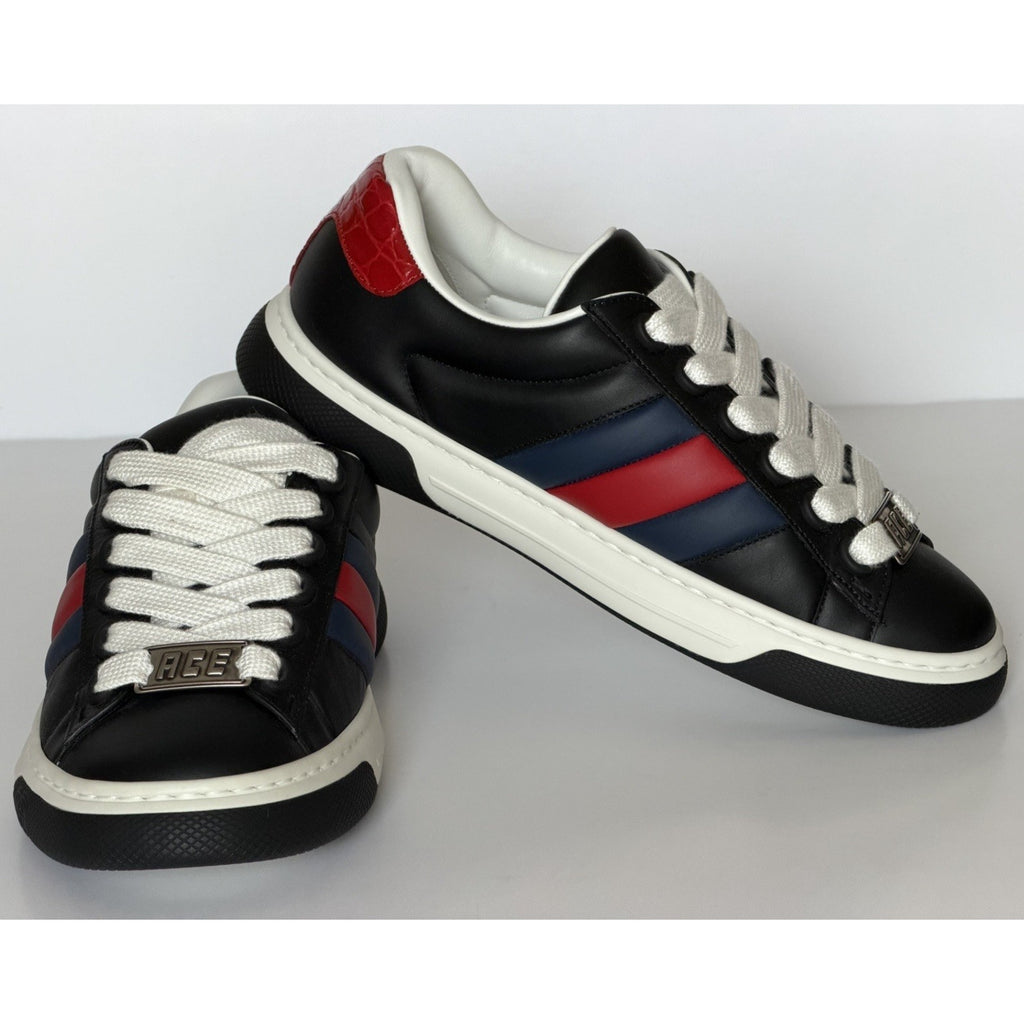 Gucci Ace Web Stripe Leather Sneakers Black Men’s 7.5 US (7 Gucci) 791394 NWT