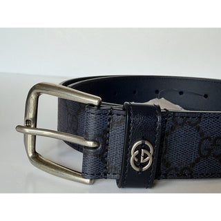 Gucci Interlocking GG Supreme Details Leather Belt Blue/Black 90/36 673921 NWT