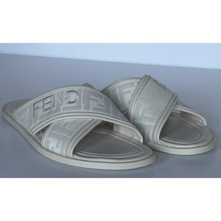 Fendi Men's FF Leather/Fabric Ivory Slide Sandals 12 US/11 UK IT 7X1548 NIB $730