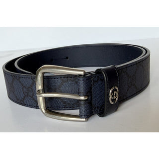 Gucci Interlocking GG Supreme Details Leather Belt Blue/Black 115/46 673921 NWT