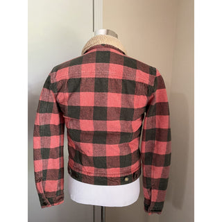 New $3190 Saint Laurent Men Fitted Checked Denim Jacket Shearing Red/Black XS