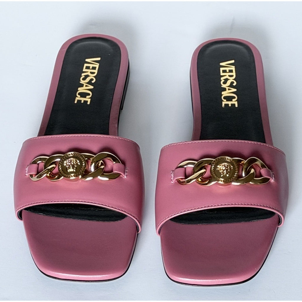 Versace Icon Chain Leather Slide Sandals Strawberry Jam 7 US 37 Eu 1022706 NIB