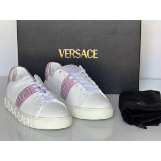 Versace Crystal Greek Women’s White/Pink Leather Sneakers 9.5 US 1013568 NIB