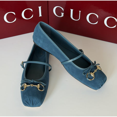Gucci Horsebit Ballet Flat Suade Blue Sandals 10 US (40 Eu) IT 814413 NIB
