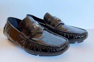 VERSACE Croc-Effect Men's Leather Driver Shoes Black 8 US (41) 1013960 NIB $850