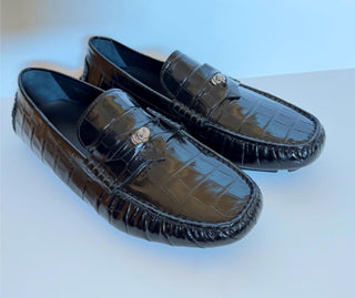 VERSACE Croc-Effect Men's Leather Driver Shoes Black 8 US (41) 1013960 NIB $850