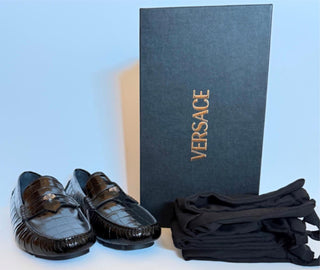 VERSACE Croc-Effect Men's Leather Driver Shoes Black 8 US (41) 1013960 NIB $850