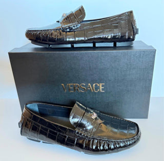 VERSACE Croc-Effect Men's Leather Driver Shoes Black 8 US (41) 1013960 NIB $850