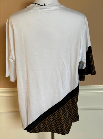 Fendi FF Logo Print White/Brown Cotton Jersey T-Shirt 2XL FAF682 IT NWT $810