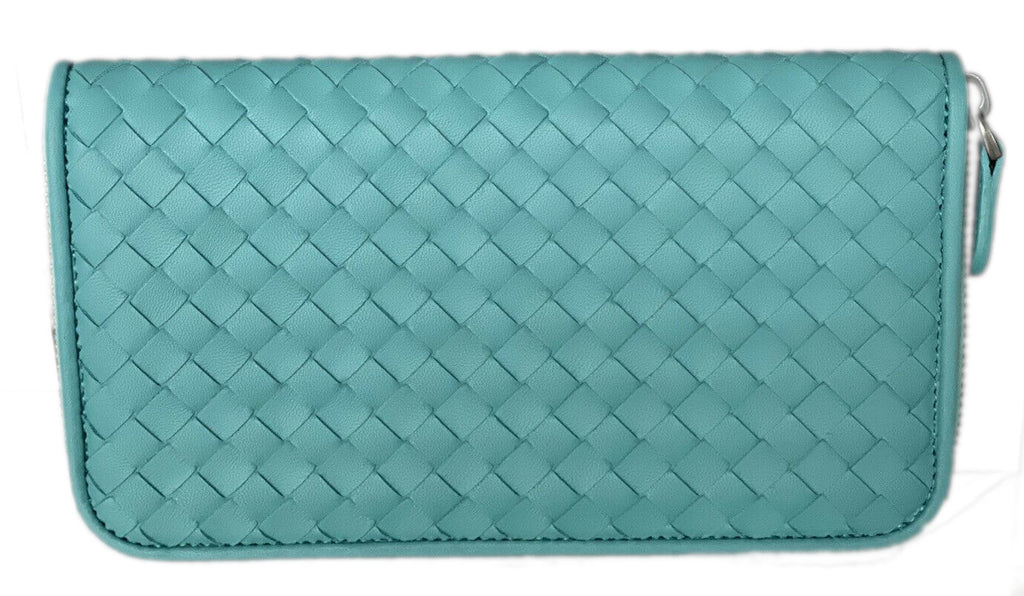 NWT Bottega Veneta Intrecciato Reißverschluss-Geldbörse aus Nappaleder Aqua 518389 Italien 