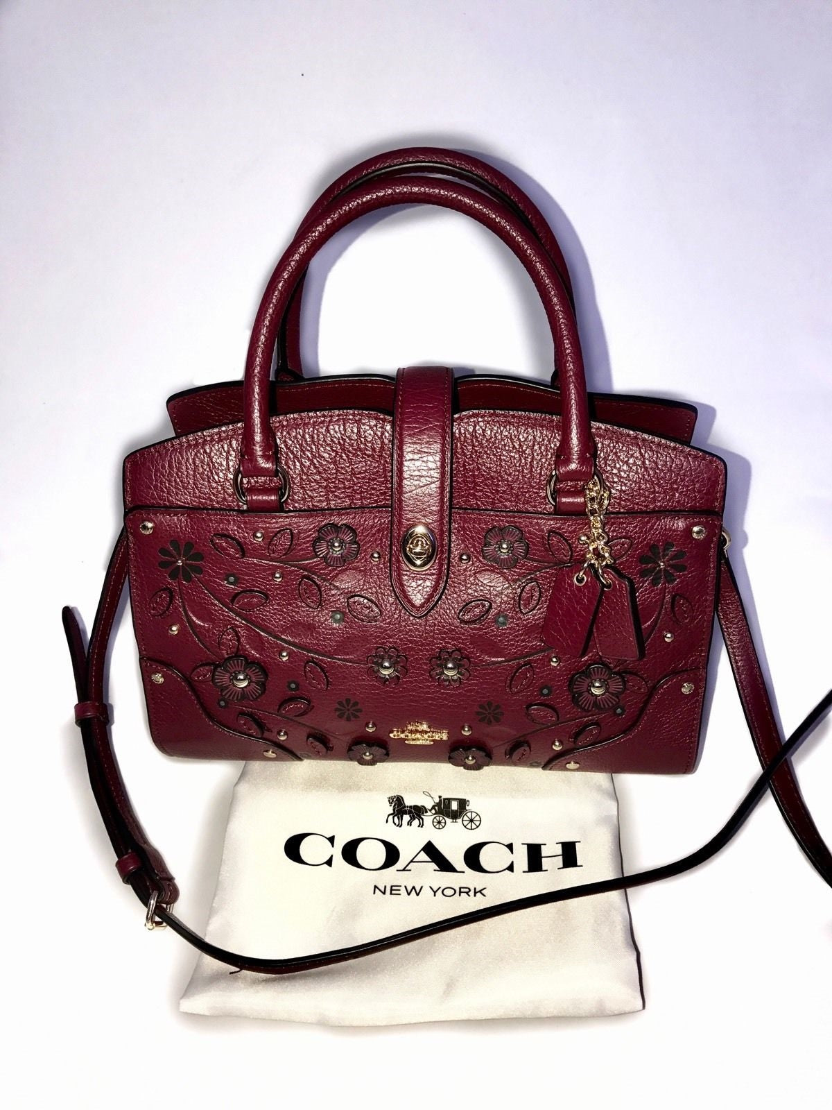 COACH Willow Floral Mercer Satchel 24 Rivets Leather Burgundy Bag NWT $398