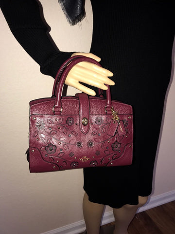COACH Willow Floral Mercer Satchel 24 Rivets Leather Burgundy Bag NWT $398