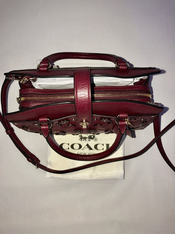 COACH Willow Floral Mercer Satchel 24 Rivets Leather Burgundy Bag NWT $398
