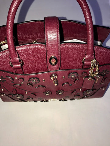 COACH Willow Floral Mercer Satchel 24 Rivets Leather Burgundy Bag NWT $398