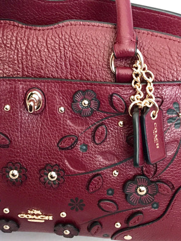 COACH Willow Floral Mercer Satchel 24 Rivets Leather Burgundy Bag NWT $398