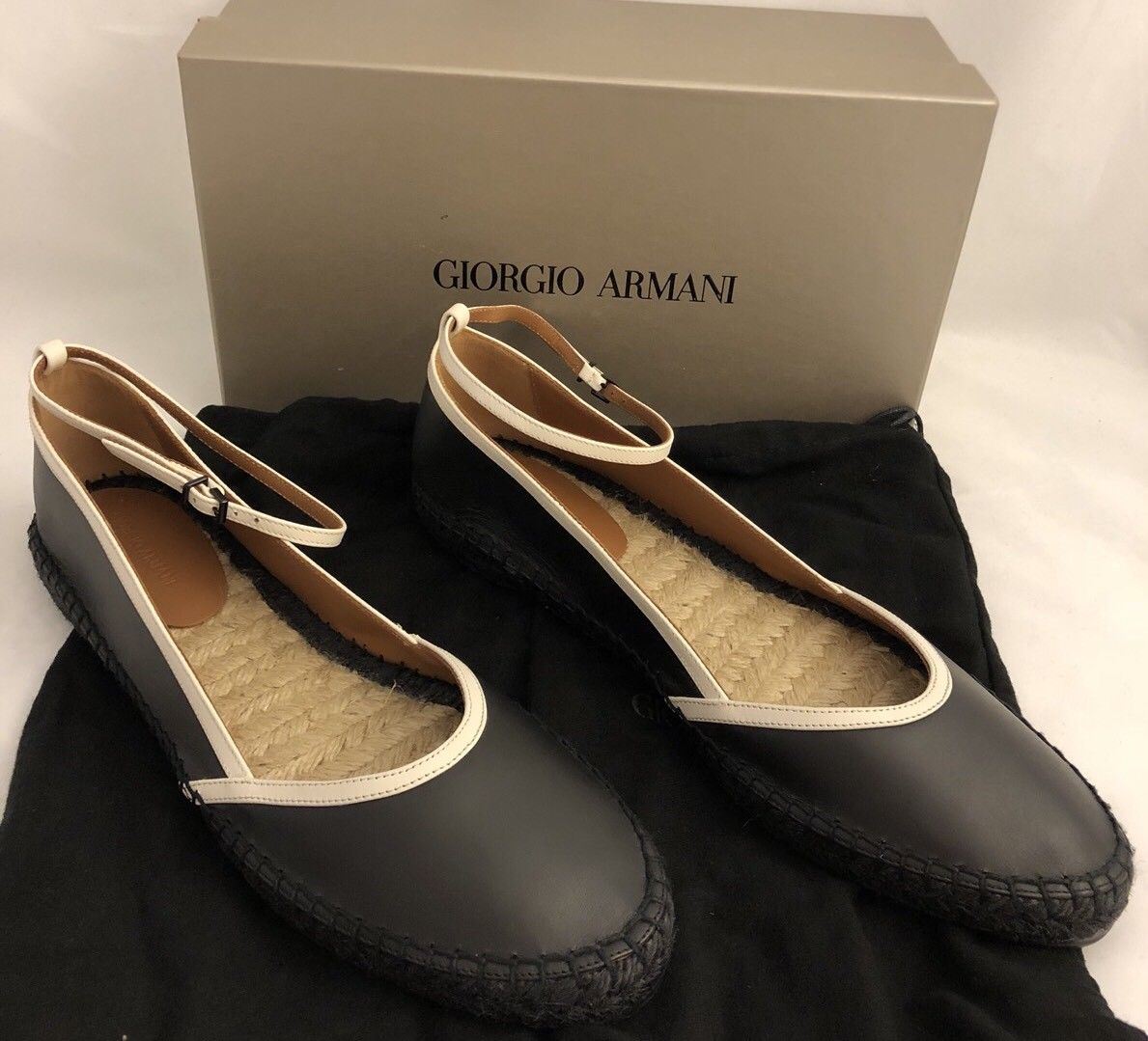 NIB $425 Giorgio Armani Leather Women's Black Ankle Strap Flats 9 US X1S010 - BAYSUPERSTORE