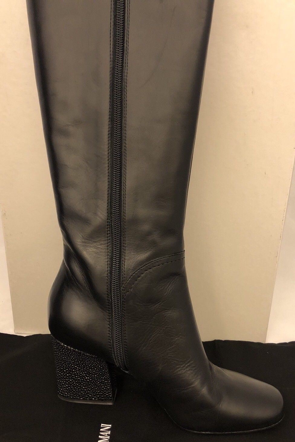 NIB $925 Emporio Armani Women's Black Leather Knee High Boots 37 Eu IT X30135 - BAYSUPERSTORE
