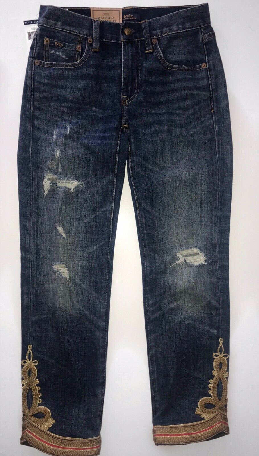 NWT $298 Polo Ralph Lauren Waverly Straight Crop Embroidered Blue Jeans Size 26