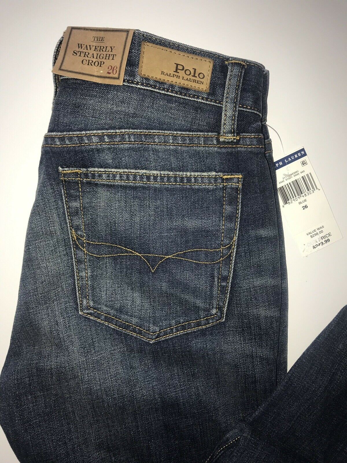 NWT $298 Polo Ralph Lauren Waverly Straight Crop Embroidered Blue Jeans Size 26