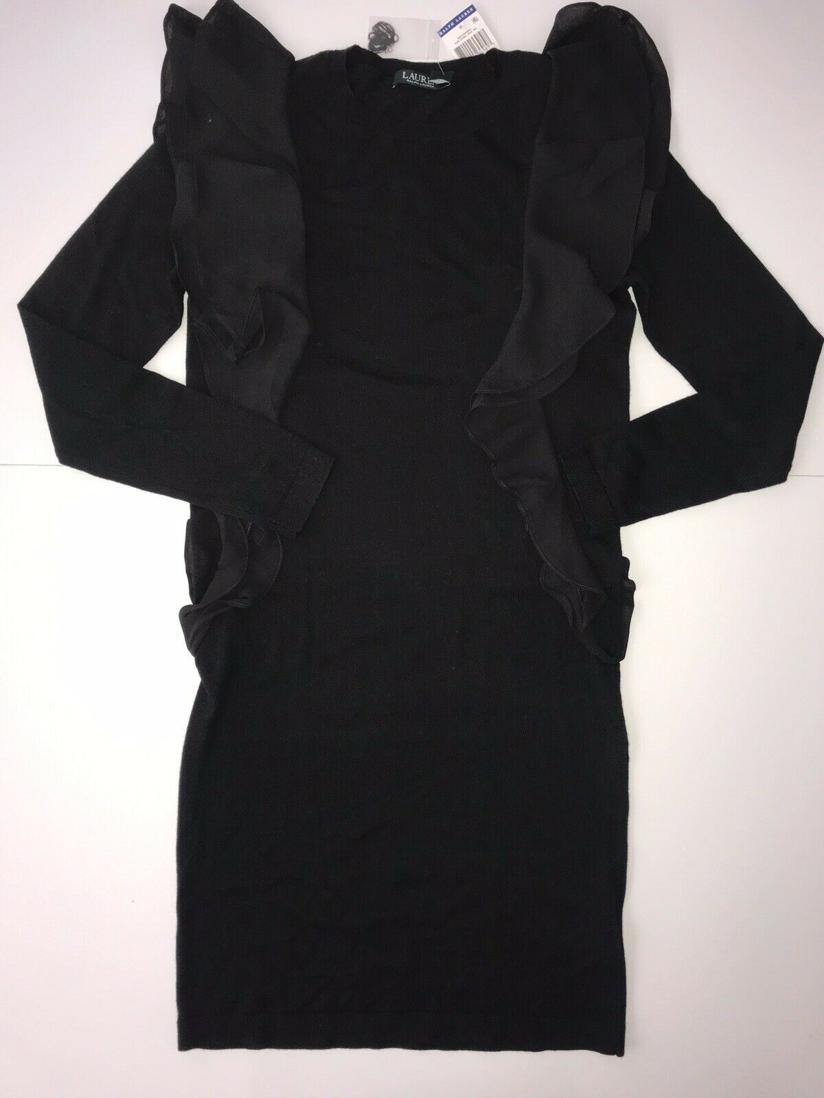 Neu mit Etikett: Polo Ralph Lauren Damen-Pulloverkleid aus schwarzer Baumwolle mit Rüschen, Größe M