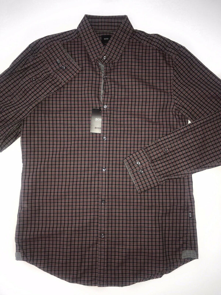 NWT $245 Hugo Boss T-Scot Mens Tailored Cotton Dark Red Dress Shirt Size S