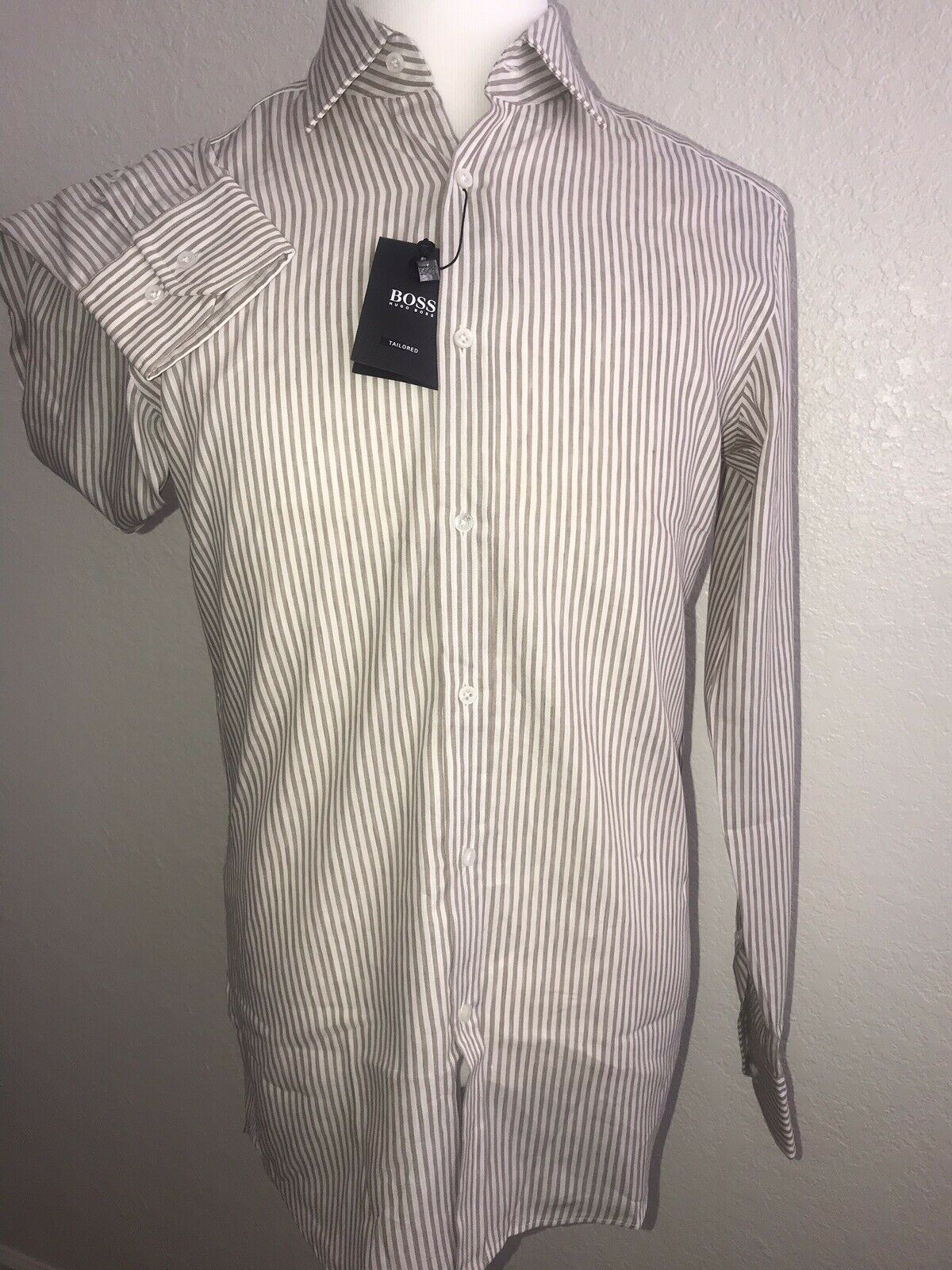 NWT $285 Hugo Boss Mens T-Shan Slim Fit Tailored Brown Dress Shirt Size 44/17.5