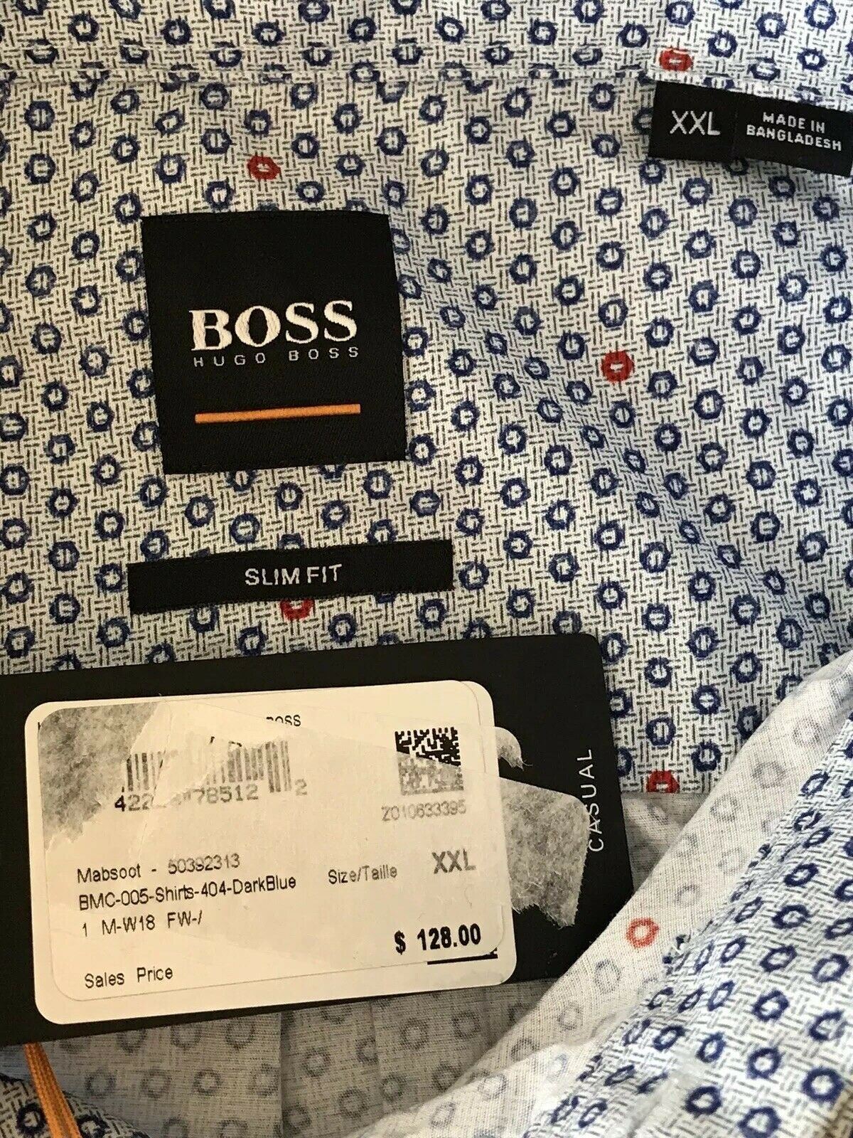 NWT $128 Hugo Boss Mabsoot Men's Slim Fit Cotton Dark Blue  Dress Shirt Size 2XL