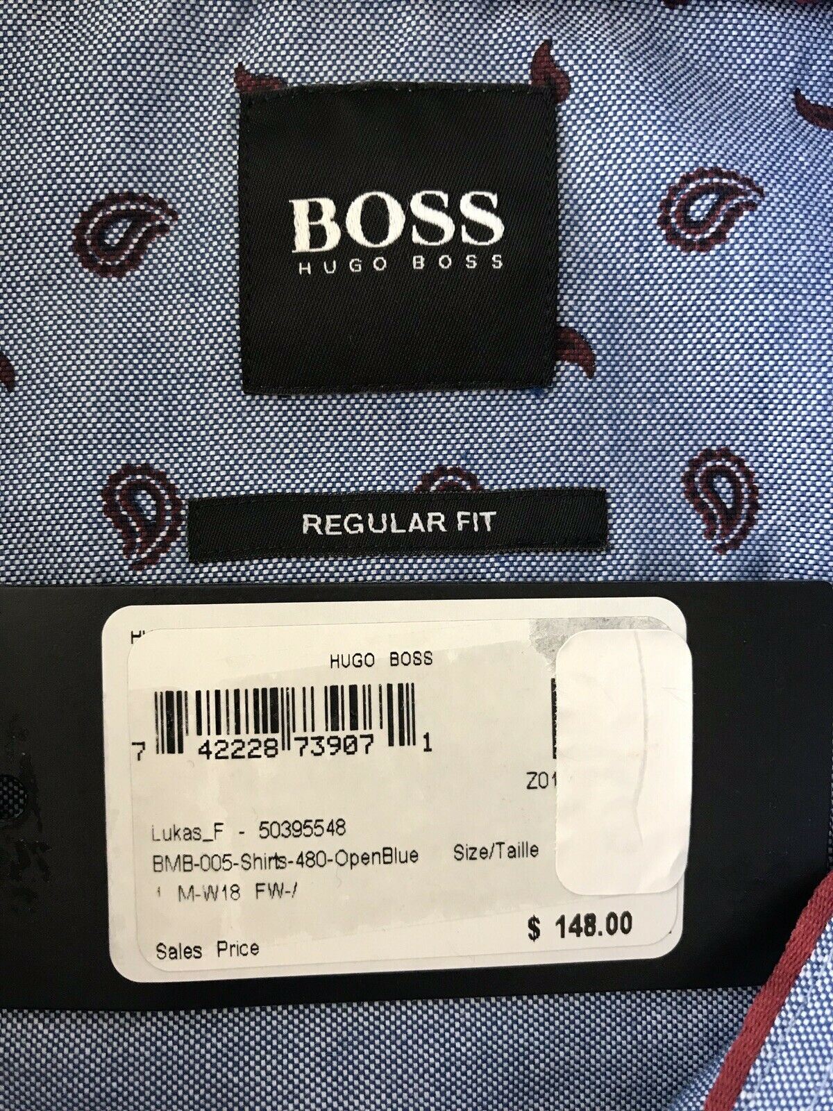 NWT $148 Hugo Boss Lucas Mens Regular Fit Cotton Blue Dress Shirt Size S