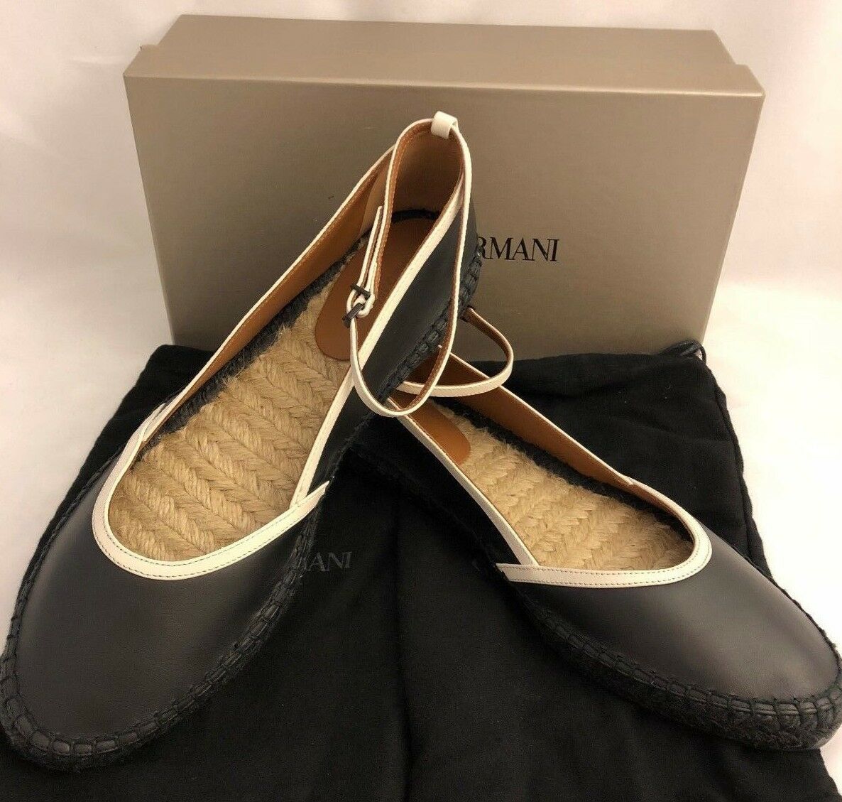 NIB $425 Giorgio Armani Leather Women's Black Ankle Strap Flats 12 US X1S010