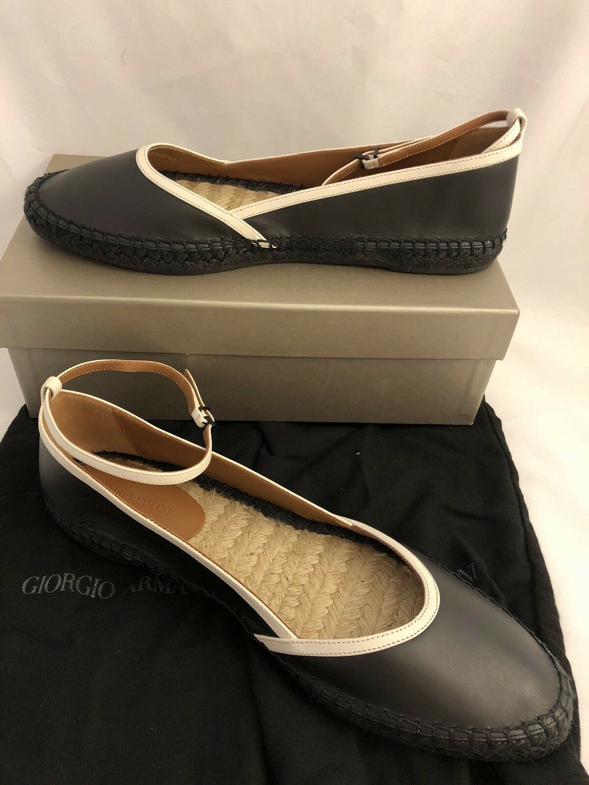 NIB $425 Giorgio Armani Leather Women's Black Ankle Strap Flats 12 US X1S010