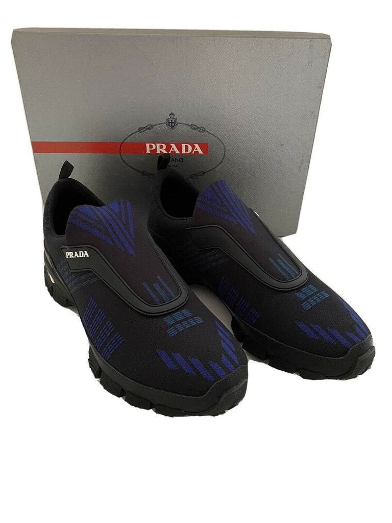 NIB 795 $ PRADA Herren-Sneaker aus gestricktem Nylon/Leder in Schwarz/Blau 9,5 US 4O3223 