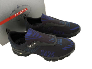 NIB 795 $ PRADA Herren-Sneaker aus gestricktem Nylon/Leder in Schwarz/Blau 9,5 US 4O3223 