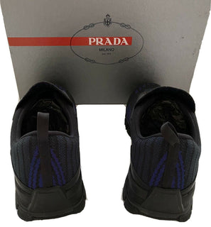 NIB 795 $ PRADA Herren-Sneaker aus gestricktem Nylon/Leder in Schwarz/Blau 9,5 US 4O3223 