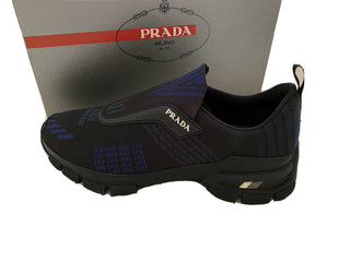 NIB 795 $ PRADA Herren-Sneaker aus gestricktem Nylon/Leder in Schwarz/Blau 9,5 US 4O3223 