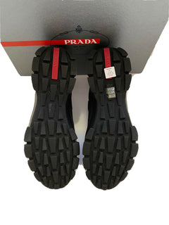 NIB 795 $ PRADA Herren-Sneaker aus gestricktem Nylon/Leder in Schwarz/Blau 9,5 US 4O3223 