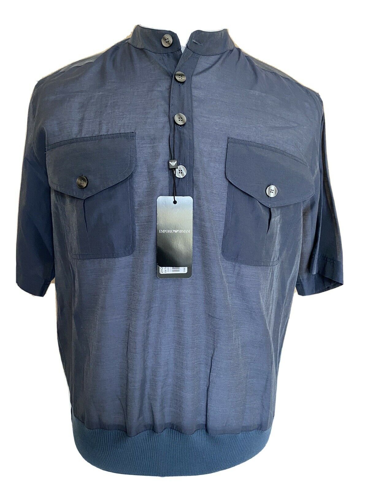 Neu mit Etikett: 545 $ Emporio Armani Modernes blaues Kurzarm-L-Hemd mit koreanischem Ausschnitt 21CF7T 