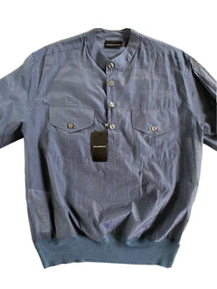 Neu mit Etikett: 545 $ Emporio Armani Modernes blaues Kurzarm-L-Hemd mit koreanischem Ausschnitt 21CF7T 