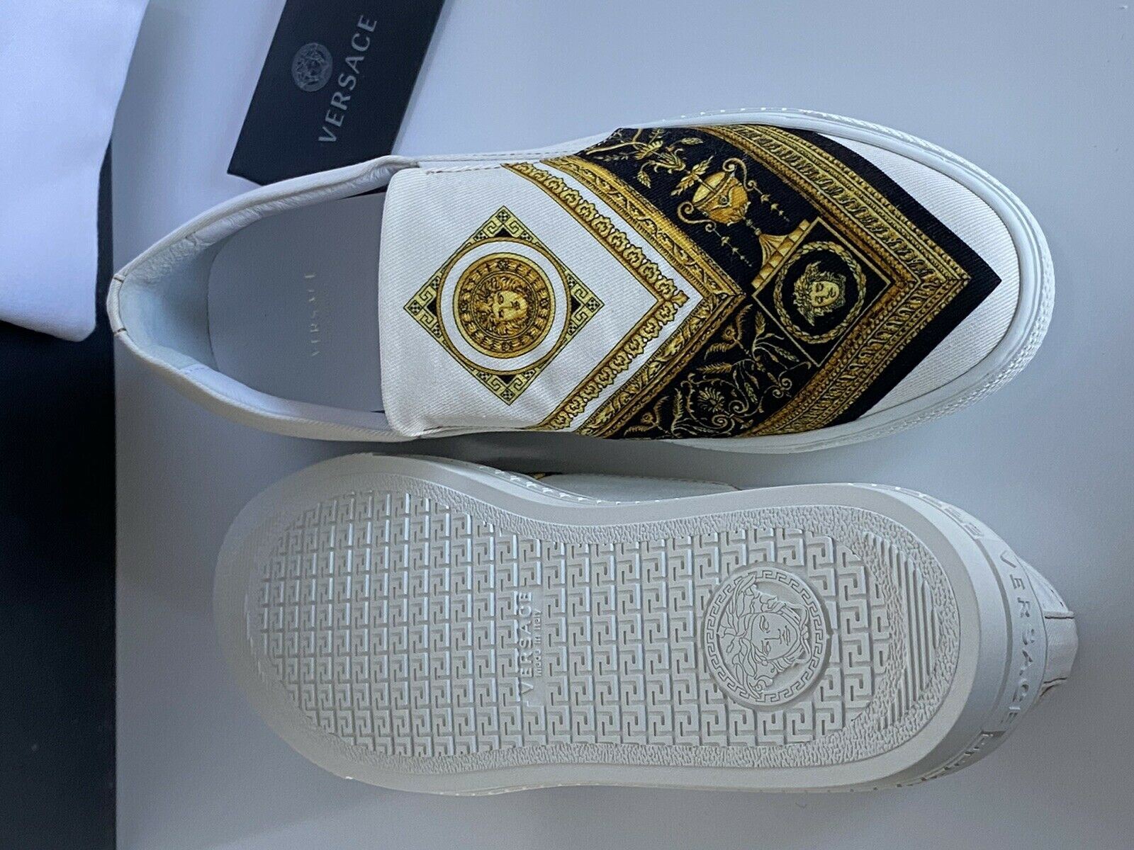 NIB VERSACE Baroque Print Slip-on Womens White Sneakers SIZE 38 Made in Italy