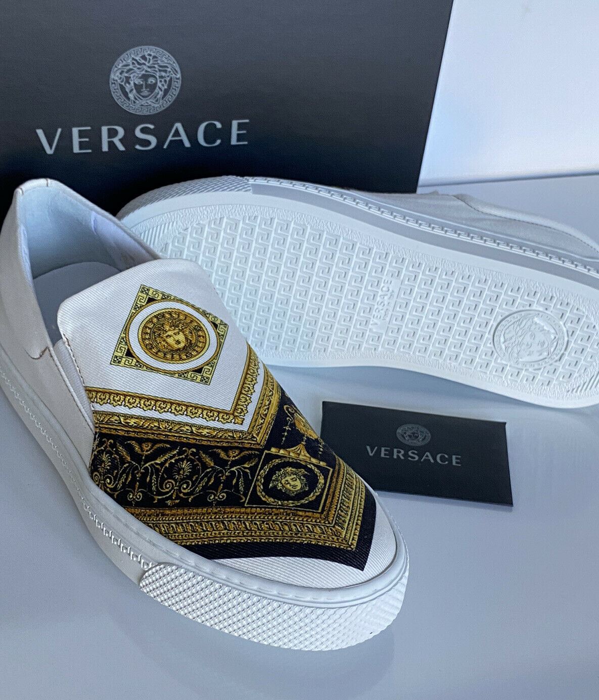 NIB VERSACE Baroque Print Slip-on Womens White Sneakers SIZE 38 Made in Italy