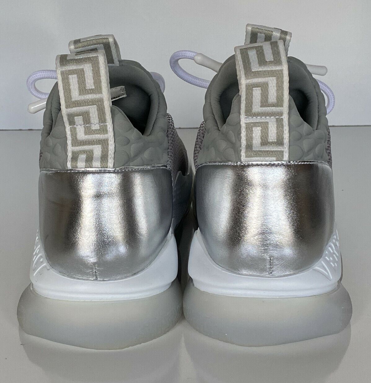 NIB Versace Silver Sparkle Chain Reaction Sneakers 8.5 US (38.5) Made in Italy